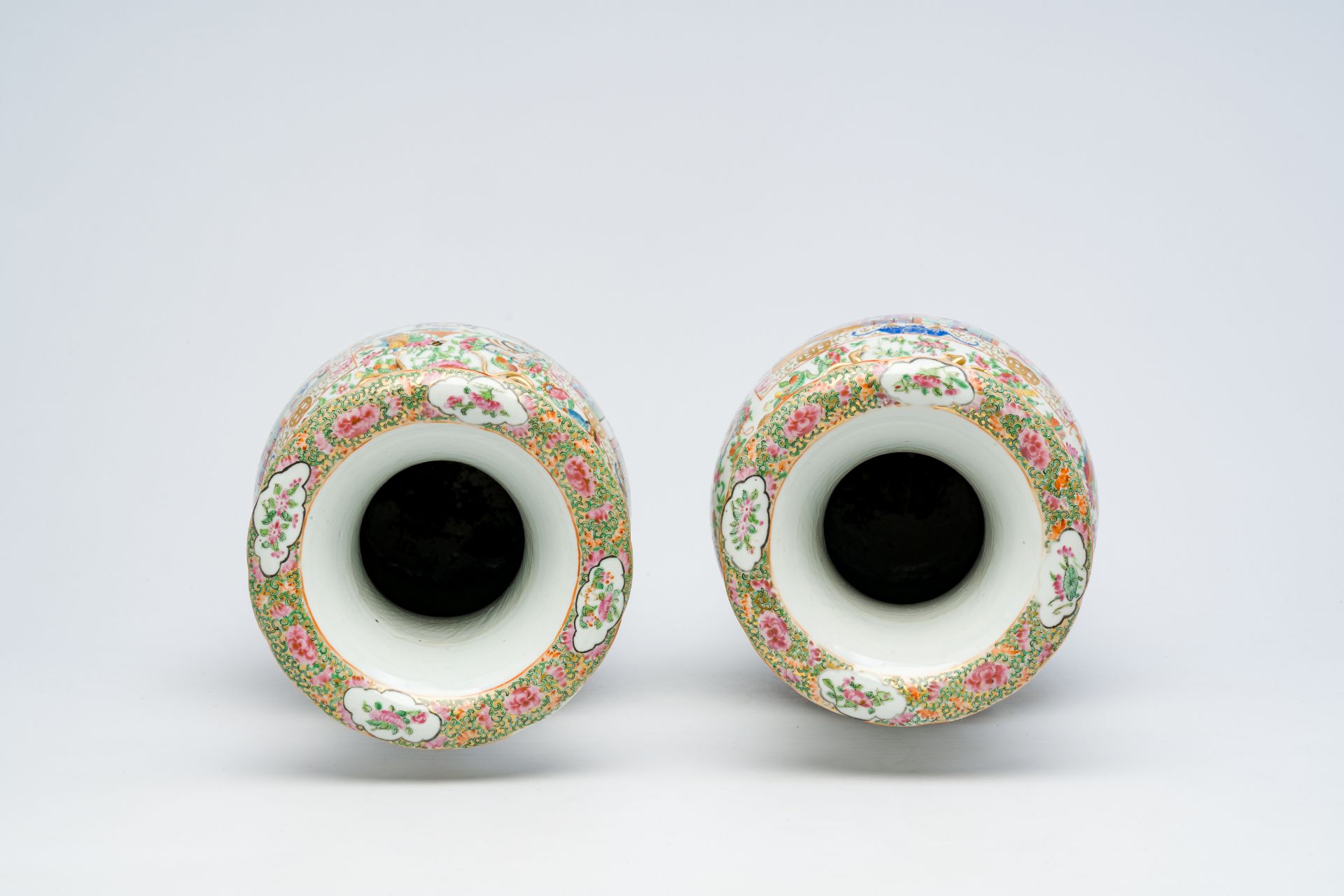 A pair of Chinese Canton famille rose vases with animated scenes, auspicious symbols and butterflies - Image 5 of 6