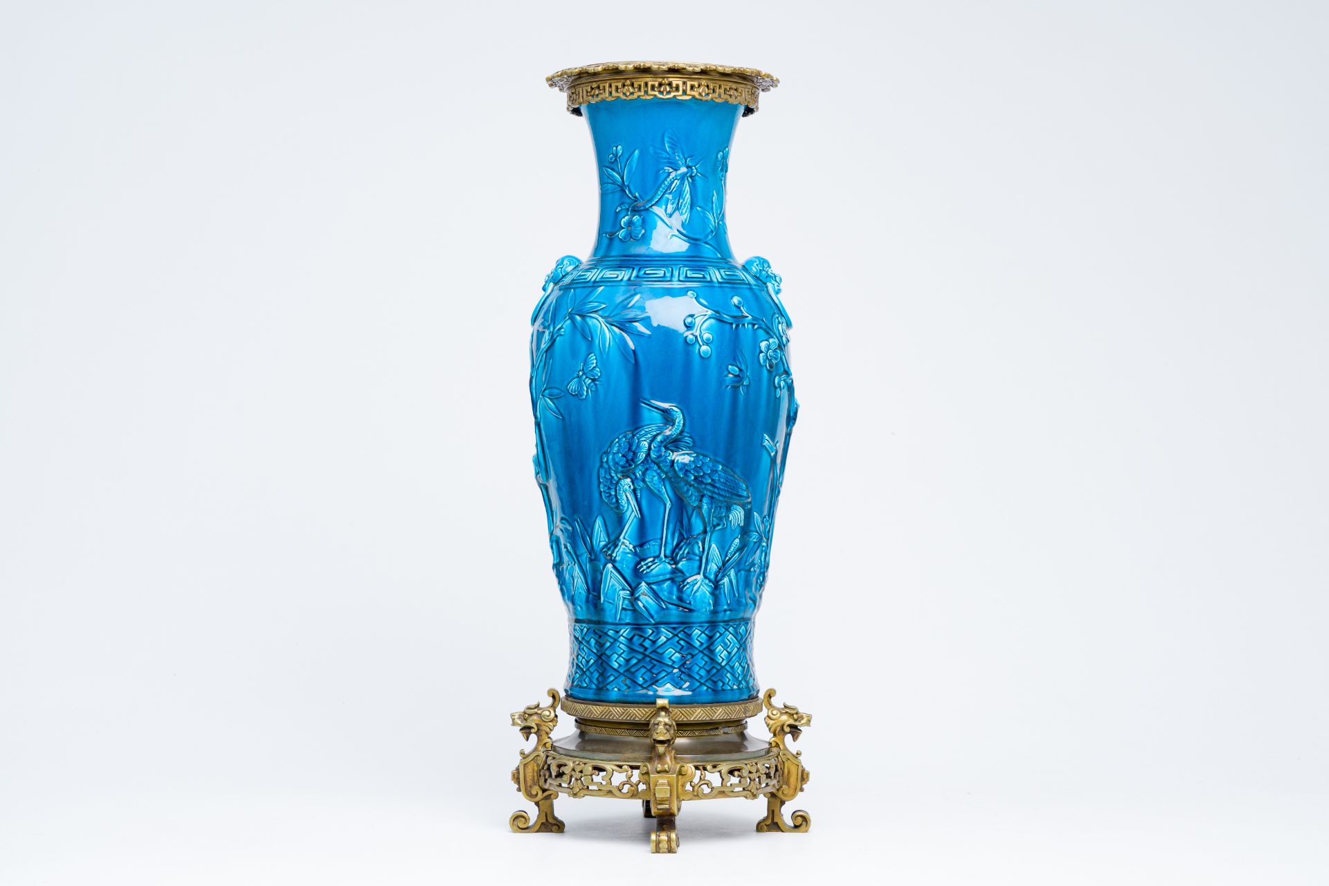A French turquoise glazed bronze mounted chinoiserie vase with relief design, probably Theodore Deck - Image 2 of 7