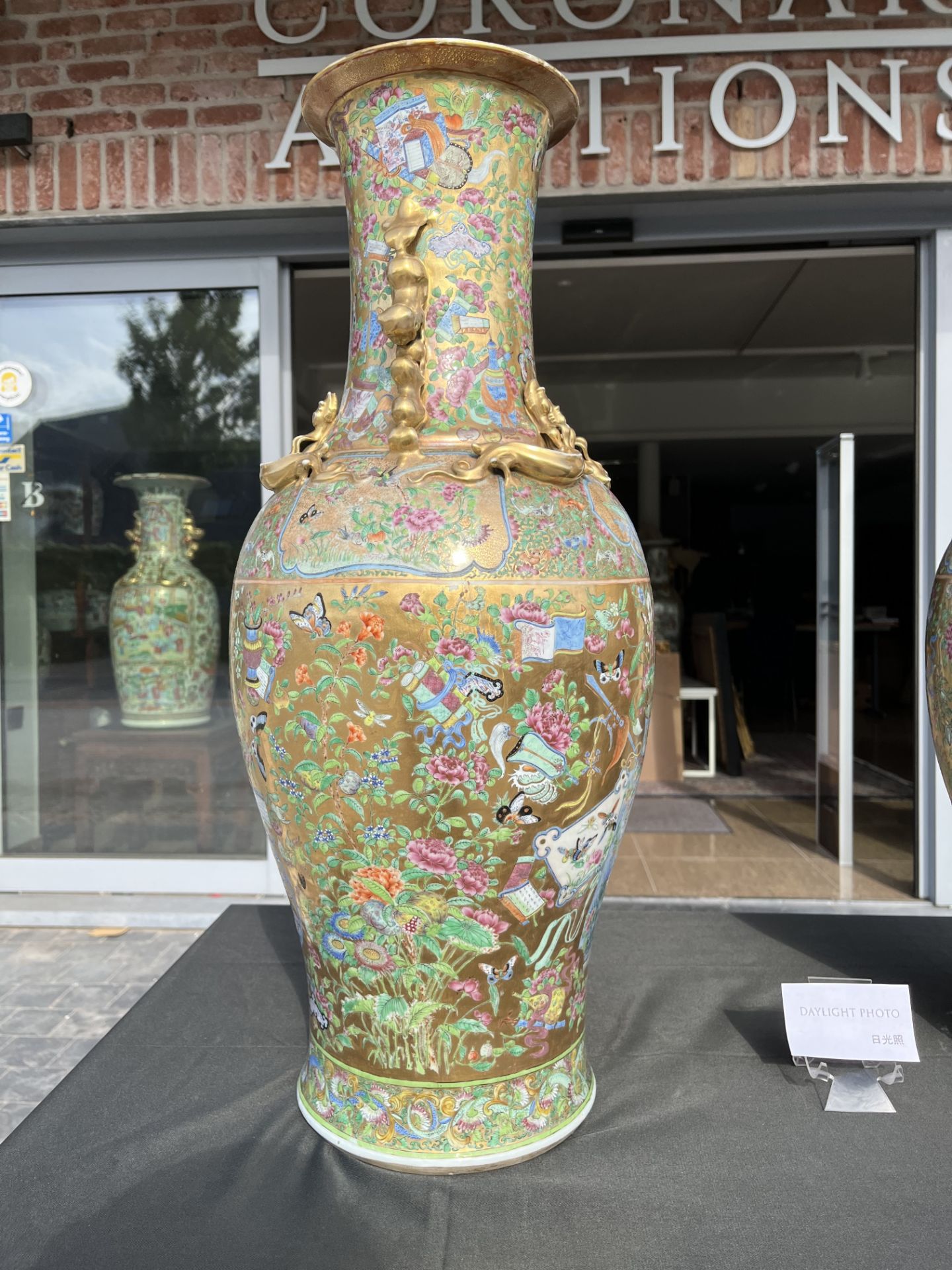 A pair of Chinese Canton famille rose gold ground vases with birds and butterflies among blossoming - Image 22 of 60