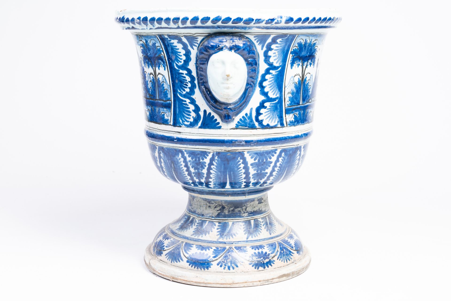 A large French blue and white earthenware Louis XIV vase on stand with oriental landscapes and masca - Image 4 of 6