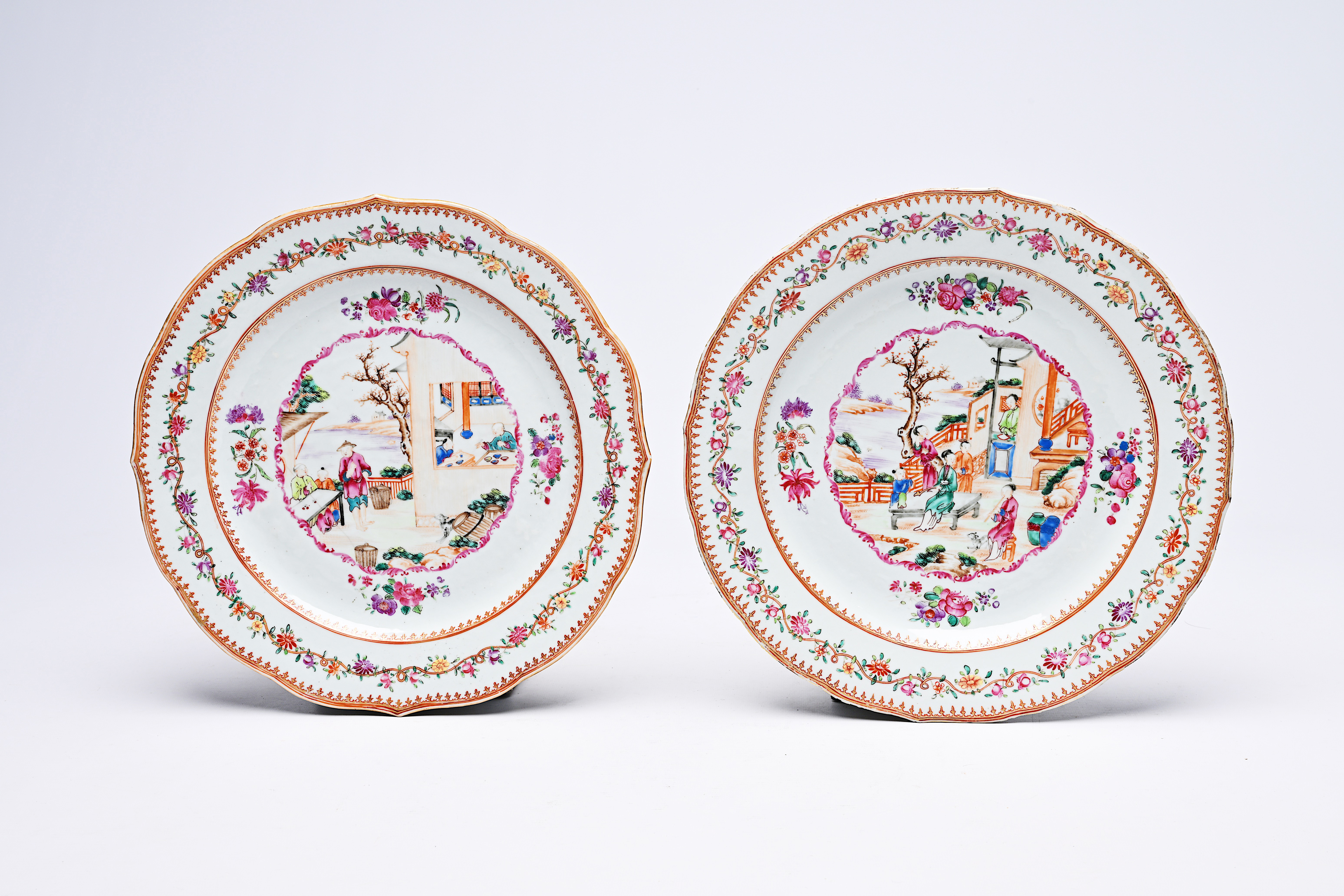 A pair of Chinese famille rose 'mandarin subject' dishes, Qianlong - Image 2 of 3