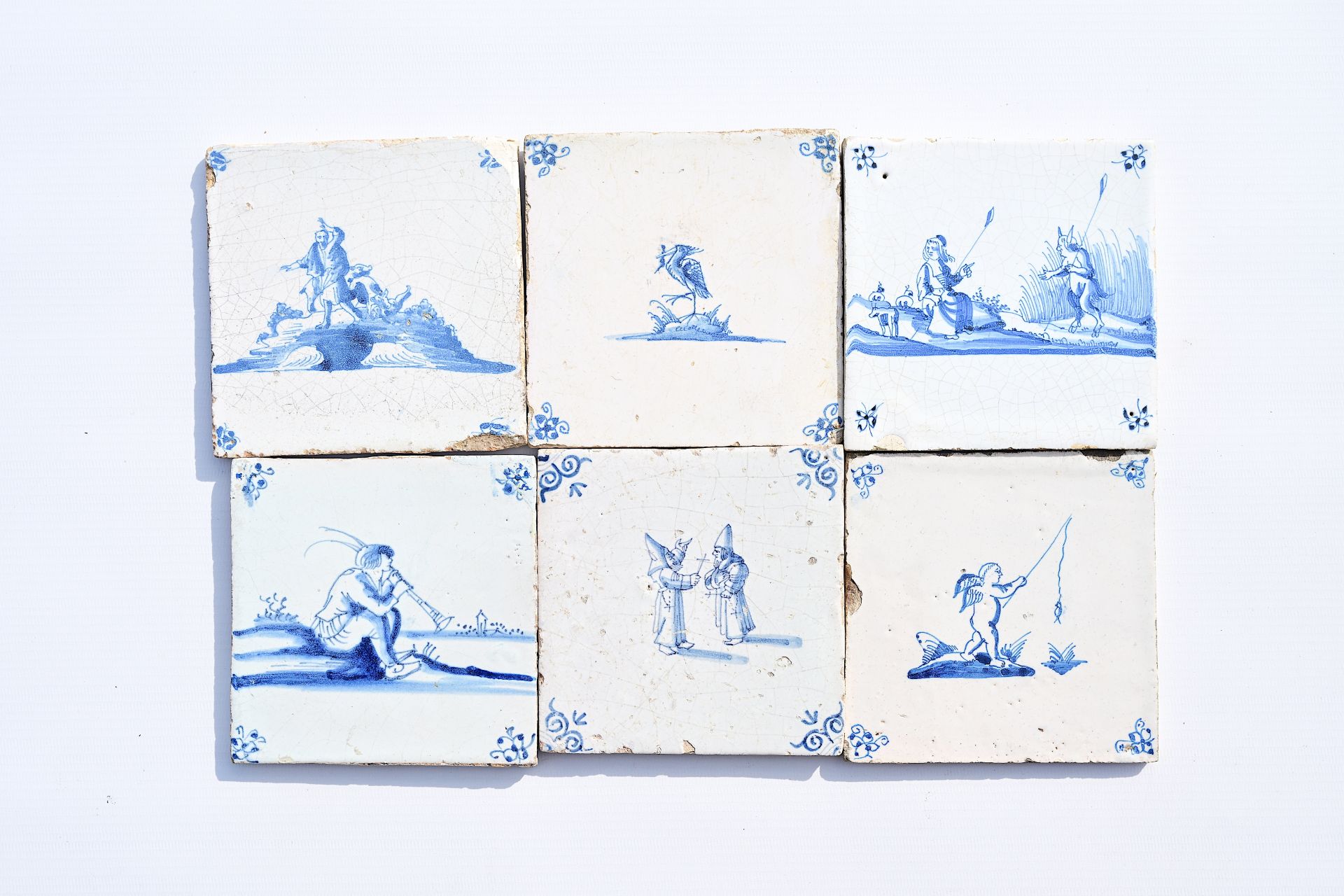 Six Dutch Delft blue and white tiles with biblical, classical and mythological scenes, 17th/18th C.