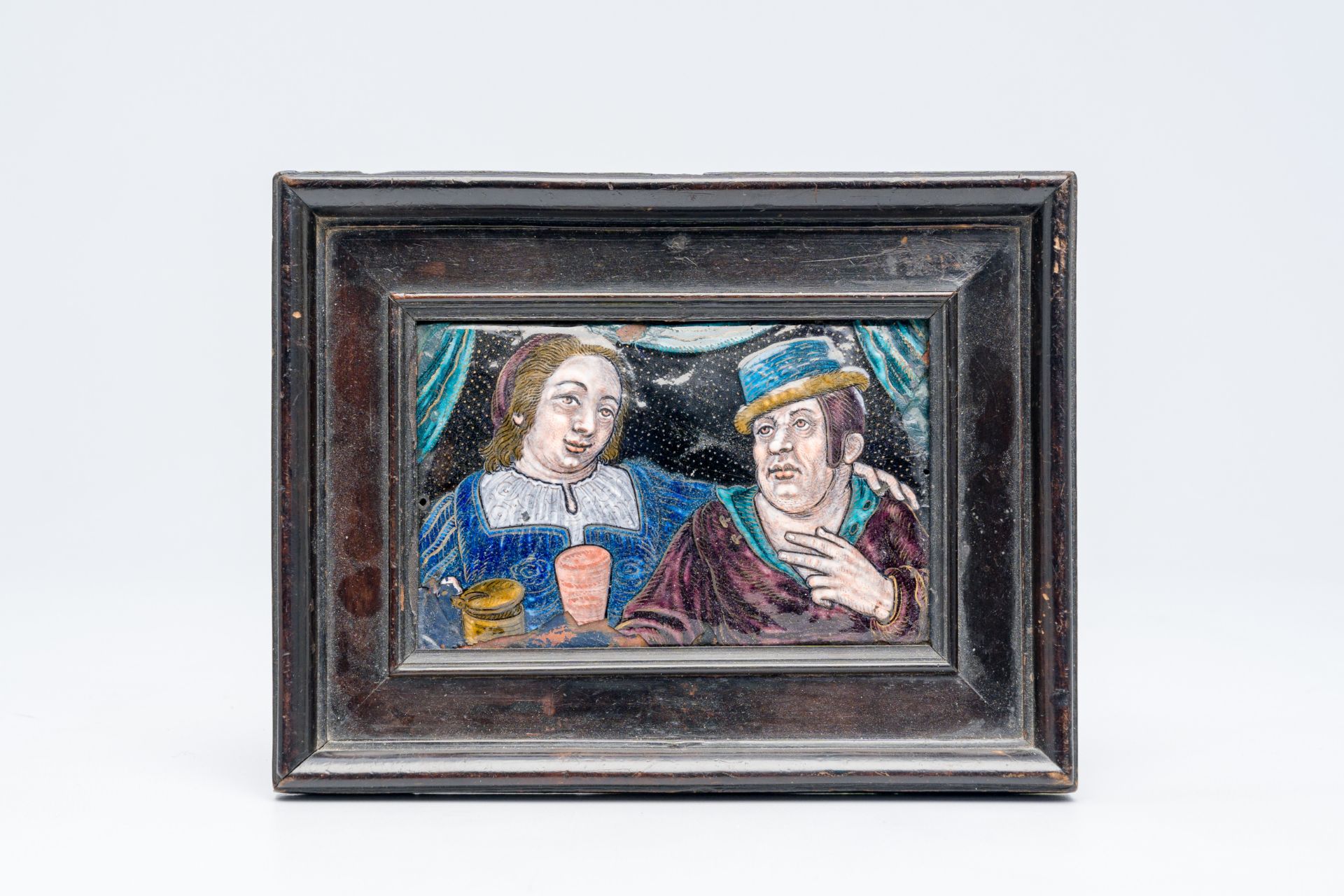 A French Limoges enamel 'drinking couple' plaque, 19th C. - Image 2 of 4