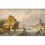 Henri Voordecker (1779-1861): Skaters in a frozen winter landscape with a windmill, oil on panel, da
