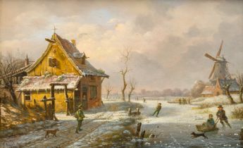 Henri Voordecker (1779-1861): Skaters in a frozen winter landscape with a windmill, oil on panel, da