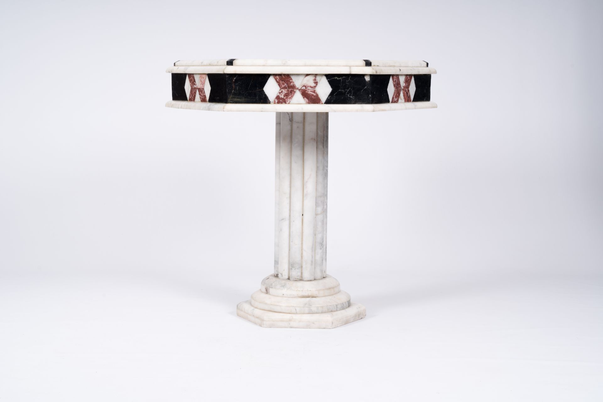 An Italian hexagonal marble side table with geometric design, 20th C. - Image 4 of 7