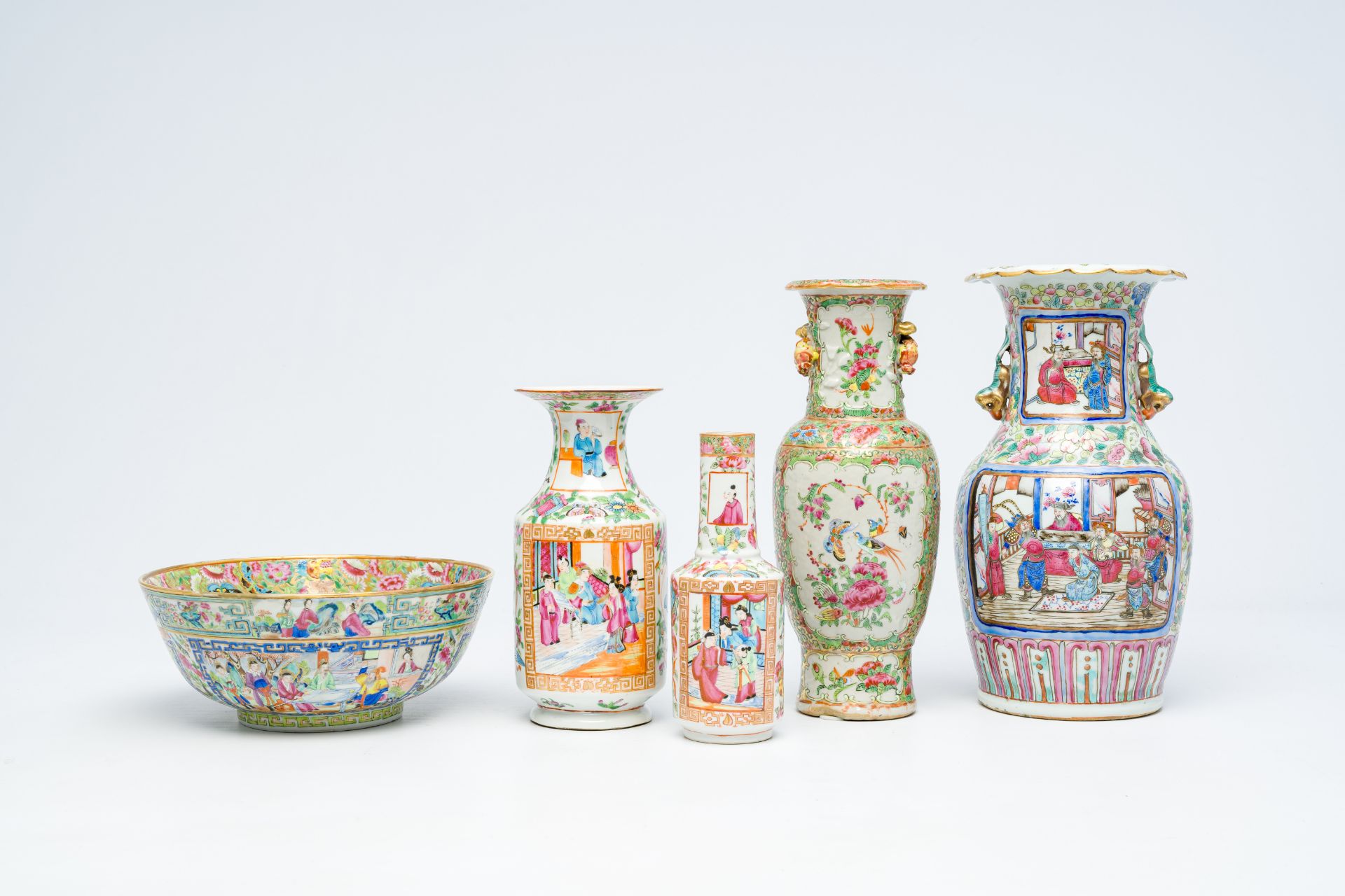 Four Chinese Canton famille rose vases and a bowl, 19th C.