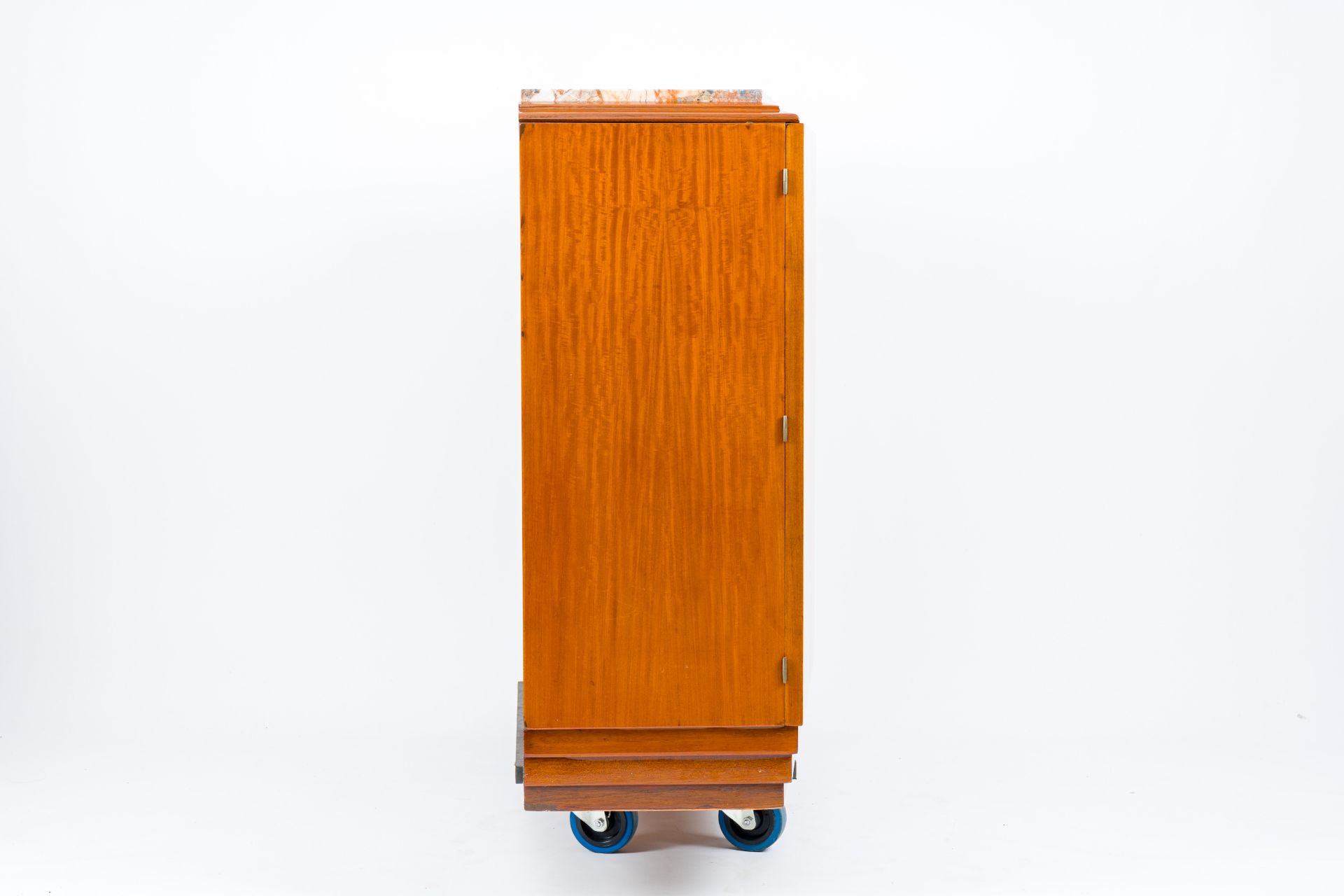 A burl wood veneered Art Deco chest with five drawers and a marble top, first half 20th C. - Image 6 of 7