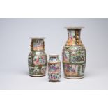 Three Chinese Canton famille rose vases with palace scenes and floral design, 19th C.