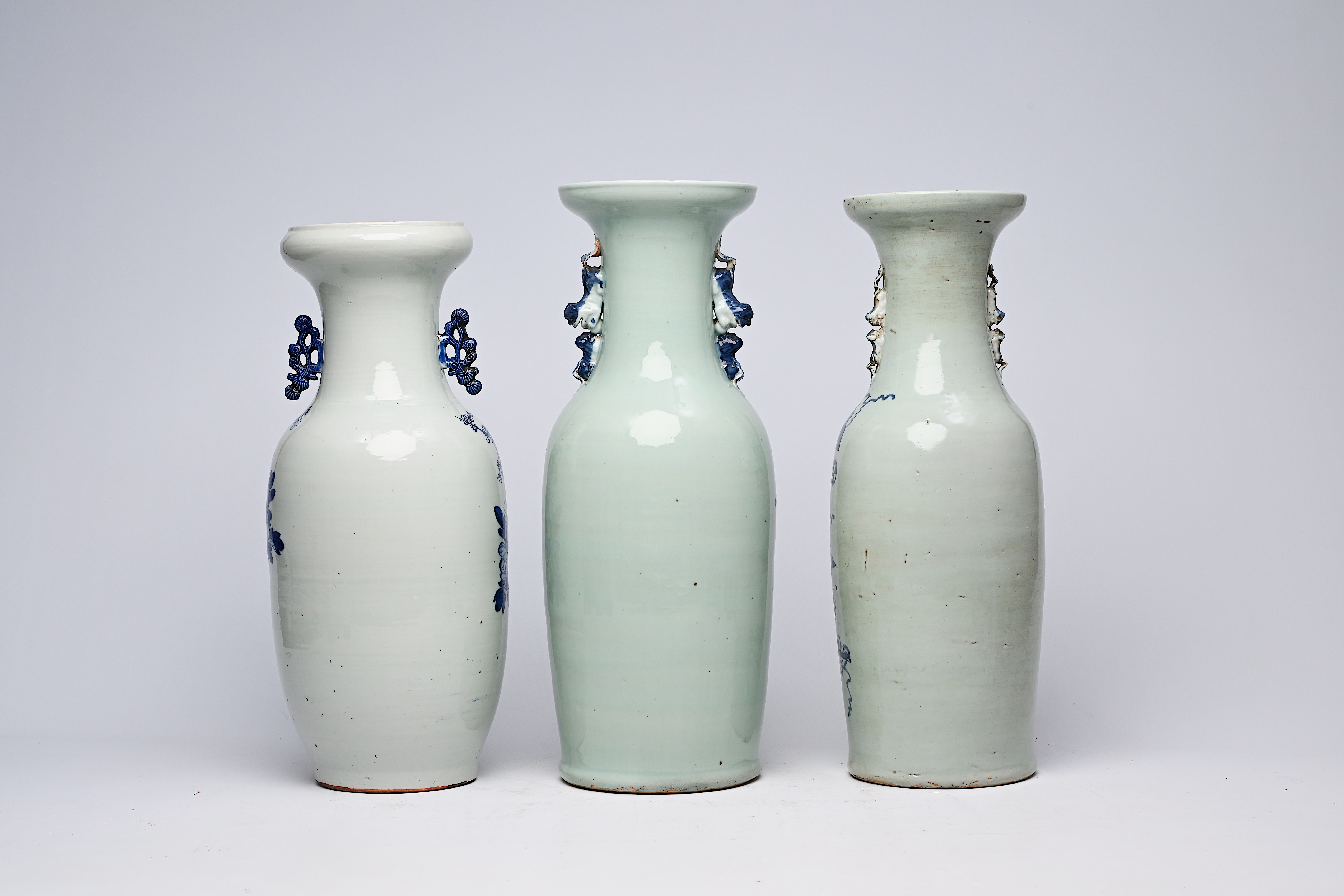 Three various Chinese blue and white celadon ground vases, 19th/20th C. - Image 6 of 16