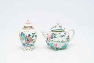 A Chinese famille rose relief-decorated teapot and a tea caddy, Yongzheng/Qianlong