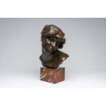 Jef Lambeaux (1852-1908, in the manner of): Bust of a lady, brown patinated bronze on a red marble b