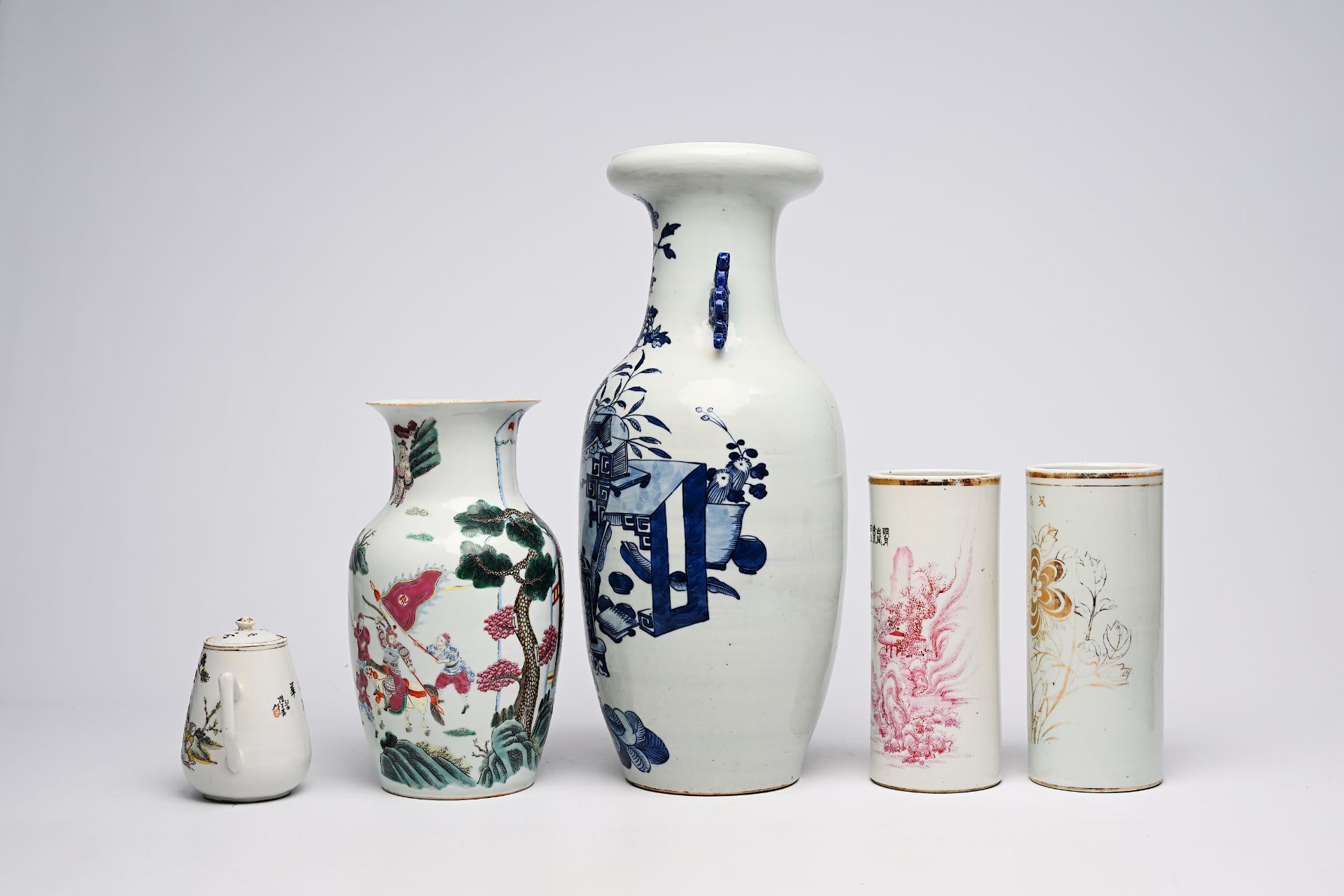 A Chinese blue and white celadon ground vase, a famille rose vase, a teapot and two hat stands, 19th - Image 3 of 12