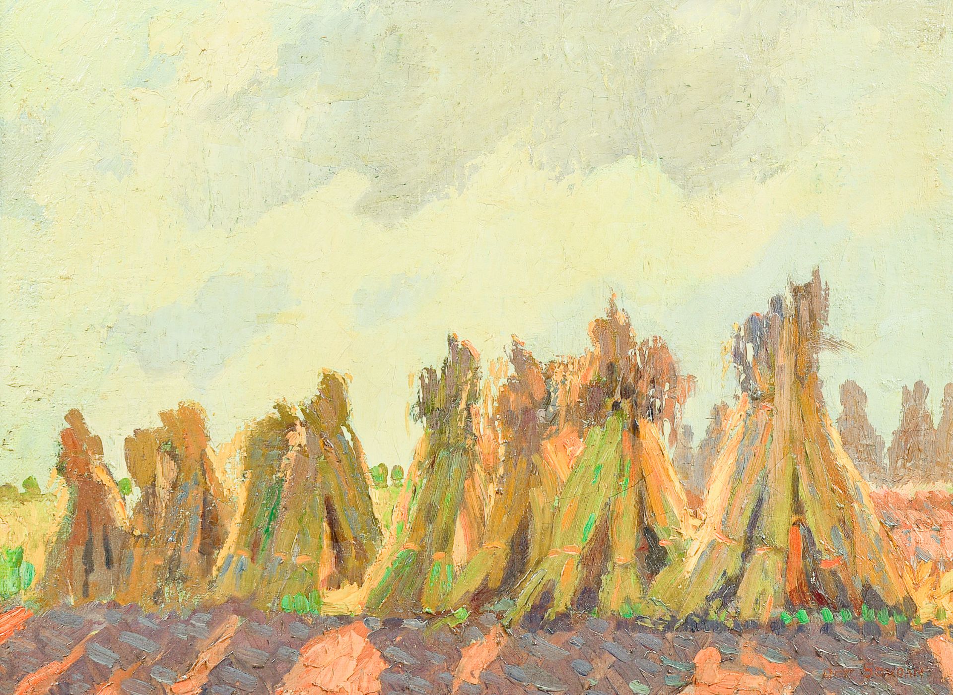 Octave Soudan (1872-1948): Sheaves of grain in the field, oil on canvas