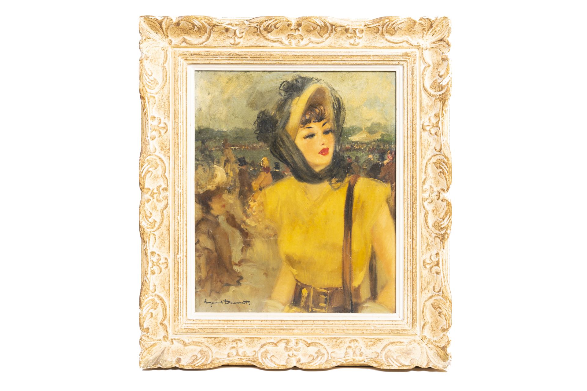 Illegibly signed: Elegant lady at a horse race, oil on canvas, 20th C. - Bild 6 aus 7