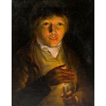 English school, in the manner of Godfried van Schalcken (1643-1706): Man with a candle in hand, oil