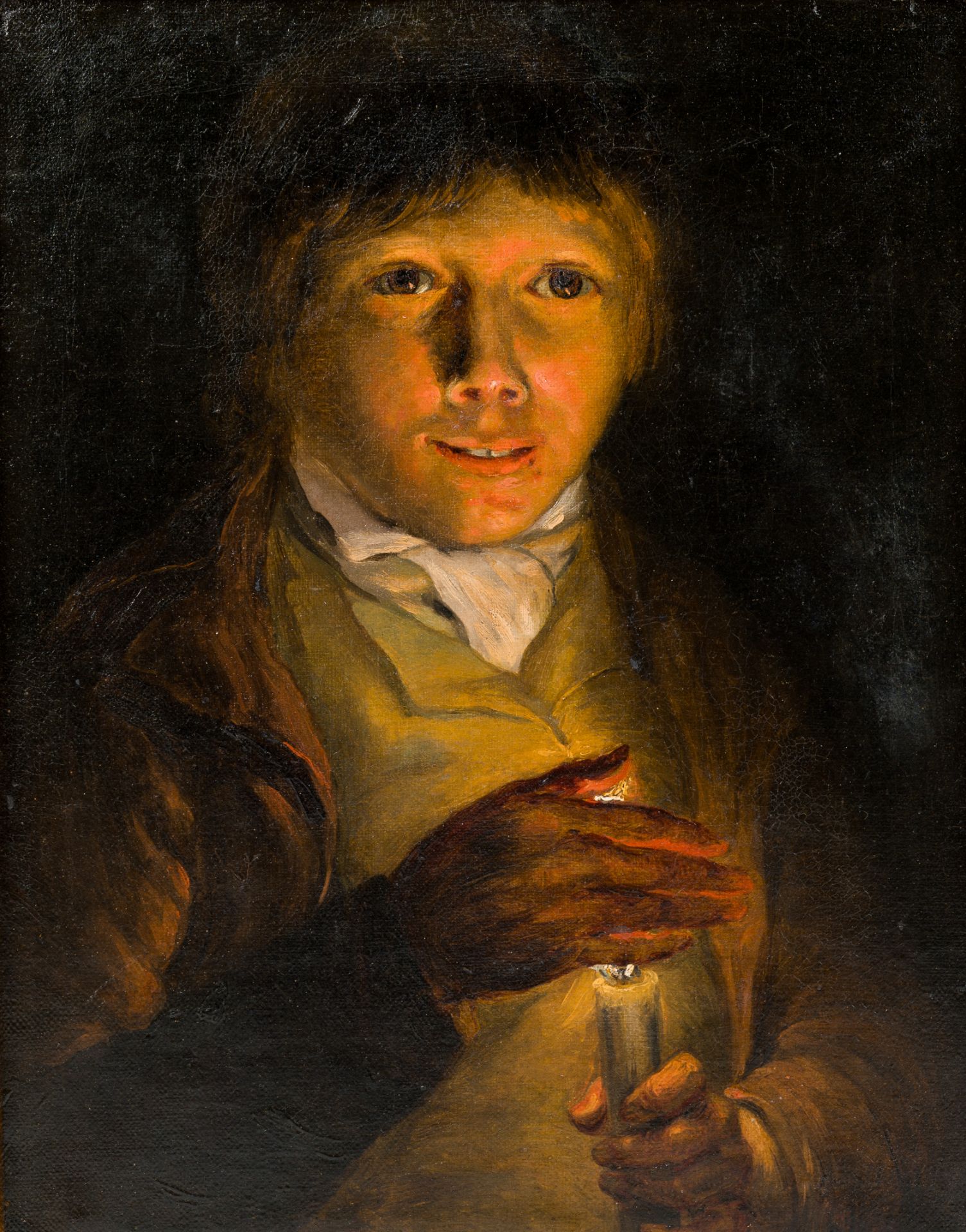 English school, in the manner of Godfried van Schalcken (1643-1706): Man with a candle in hand, oil