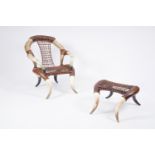 In the manner of Michel Haillard (1959): A leather and horn armchair and matching ottoman, second ha