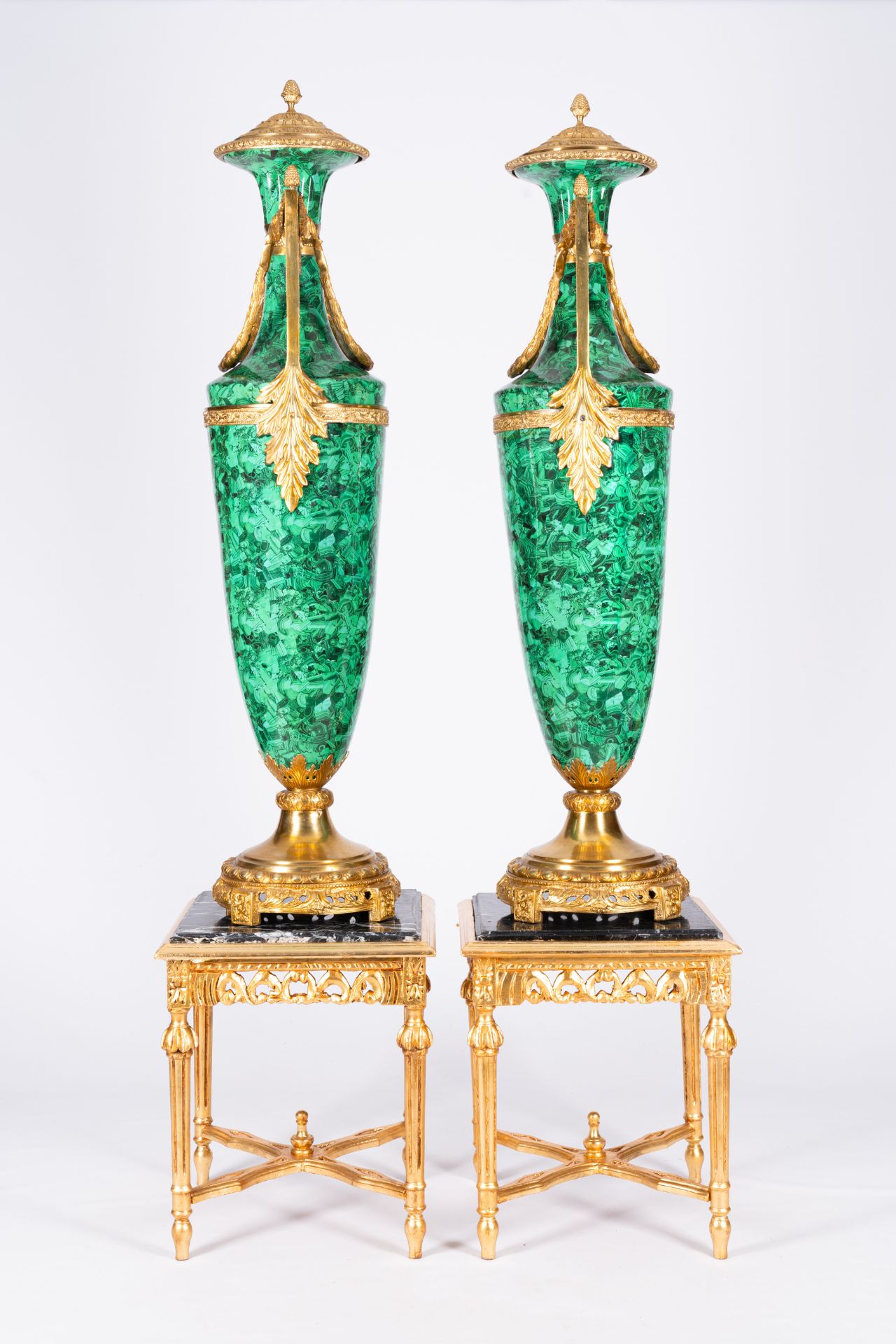 A pair of large gilt bronze mounted faux-malachite vases on matching gilt wood bases with marble top - Image 4 of 4