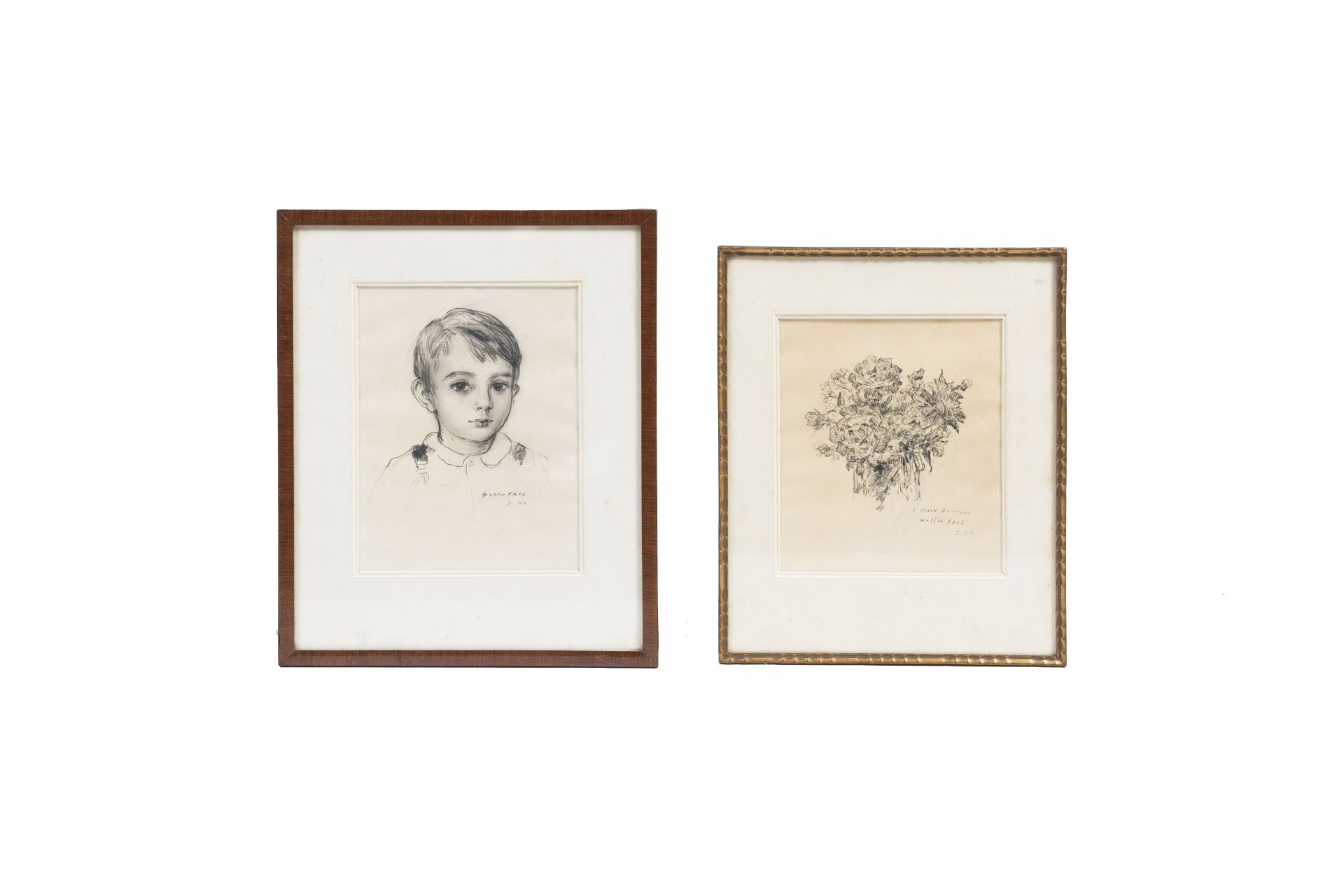 Walter Vaes (1882-1958): Still life of flowers and Portrait of a boy, pencil on paper, dated (19)44