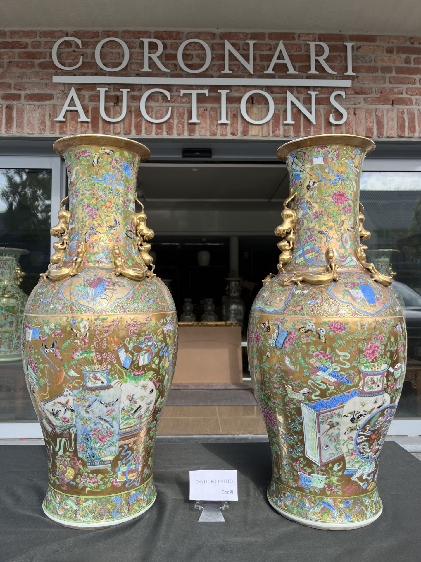 A pair of Chinese Canton famille rose gold ground vases with birds and butterflies among blossoming - Image 13 of 60