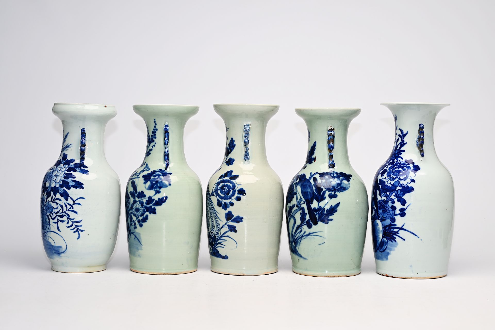 Five Chinese blue and white celadon ground vases with birds among blossoming branches and floral des - Image 3 of 14