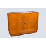 A burl wood veneered Art Deco chest with five drawers and a marble top, first half 20th C.