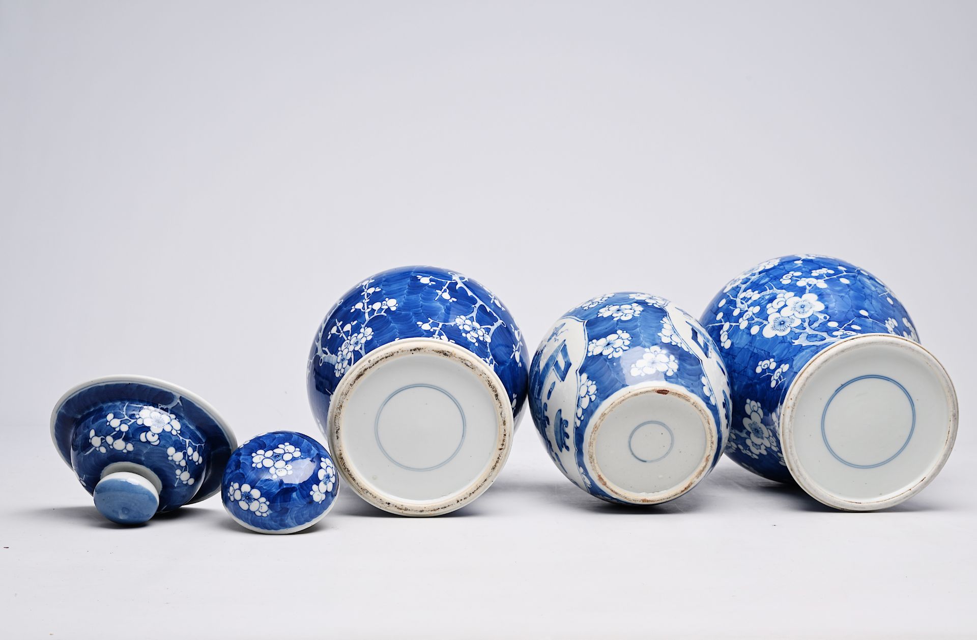 Two Chinese blue and white prunus on cracked ice ground vases and a jar and cover with antiquities, - Image 16 of 16