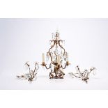 A French three-light girandole and a pair of wall appliques with cut crystal design, 19th/20th C.