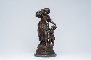 Auguste Moreau (1834-1917): Wood gatherer with child, patinated bronze on a vert de mer marble base