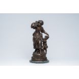Auguste Moreau (1834-1917): Wood gatherer with child, patinated bronze on a vert de mer marble base