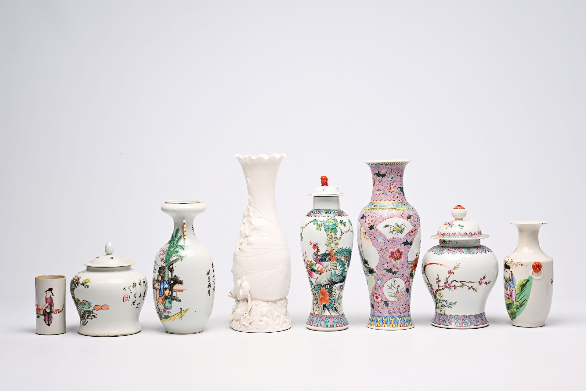 Five various Chinese famille rose and blanc de Chine vases, two jars and covers and a brush pot with - Image 3 of 18