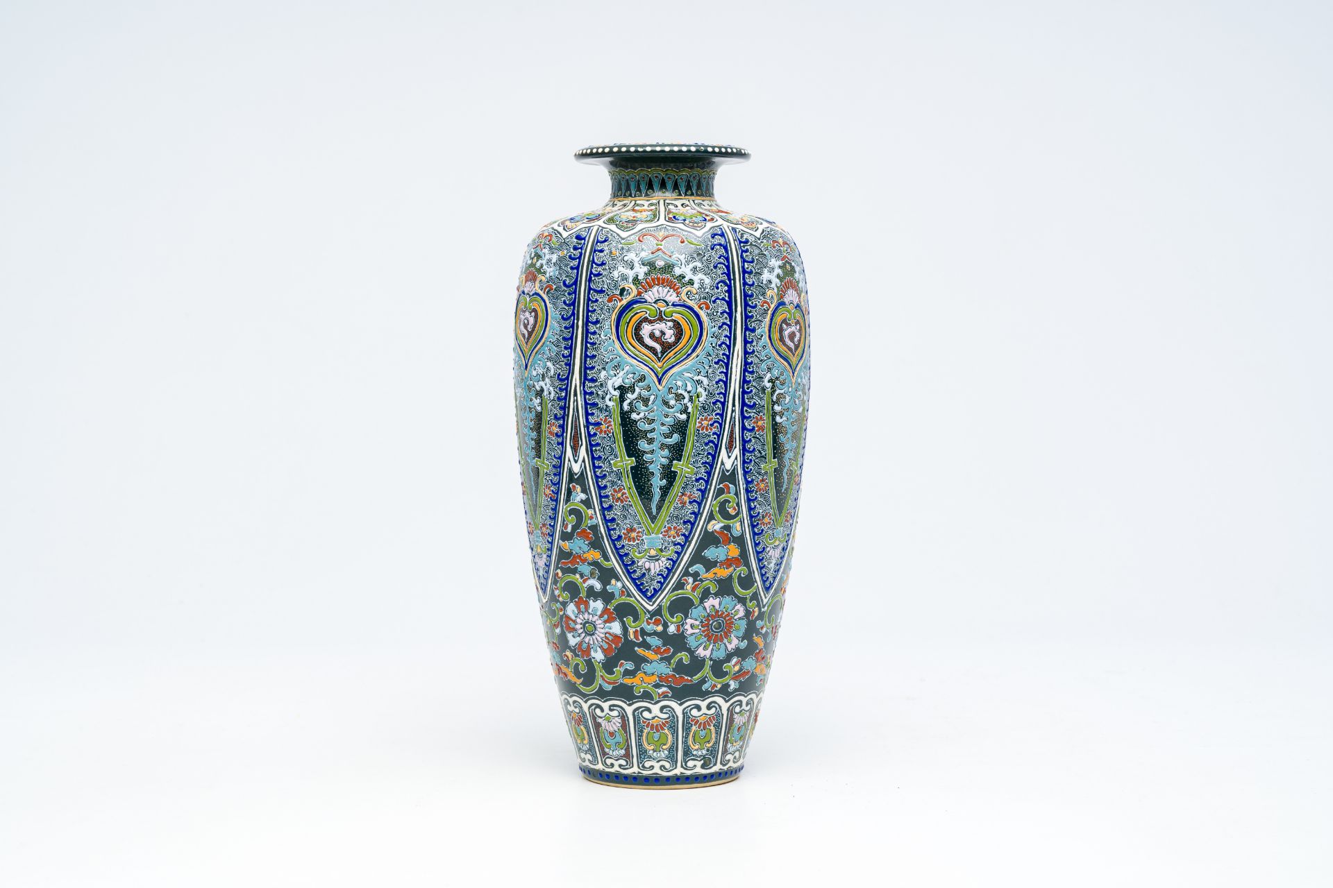 A Japanese pseudo cloisonne Satsuma vase with floral design, signed Tanzan, Meiji, 19th C.