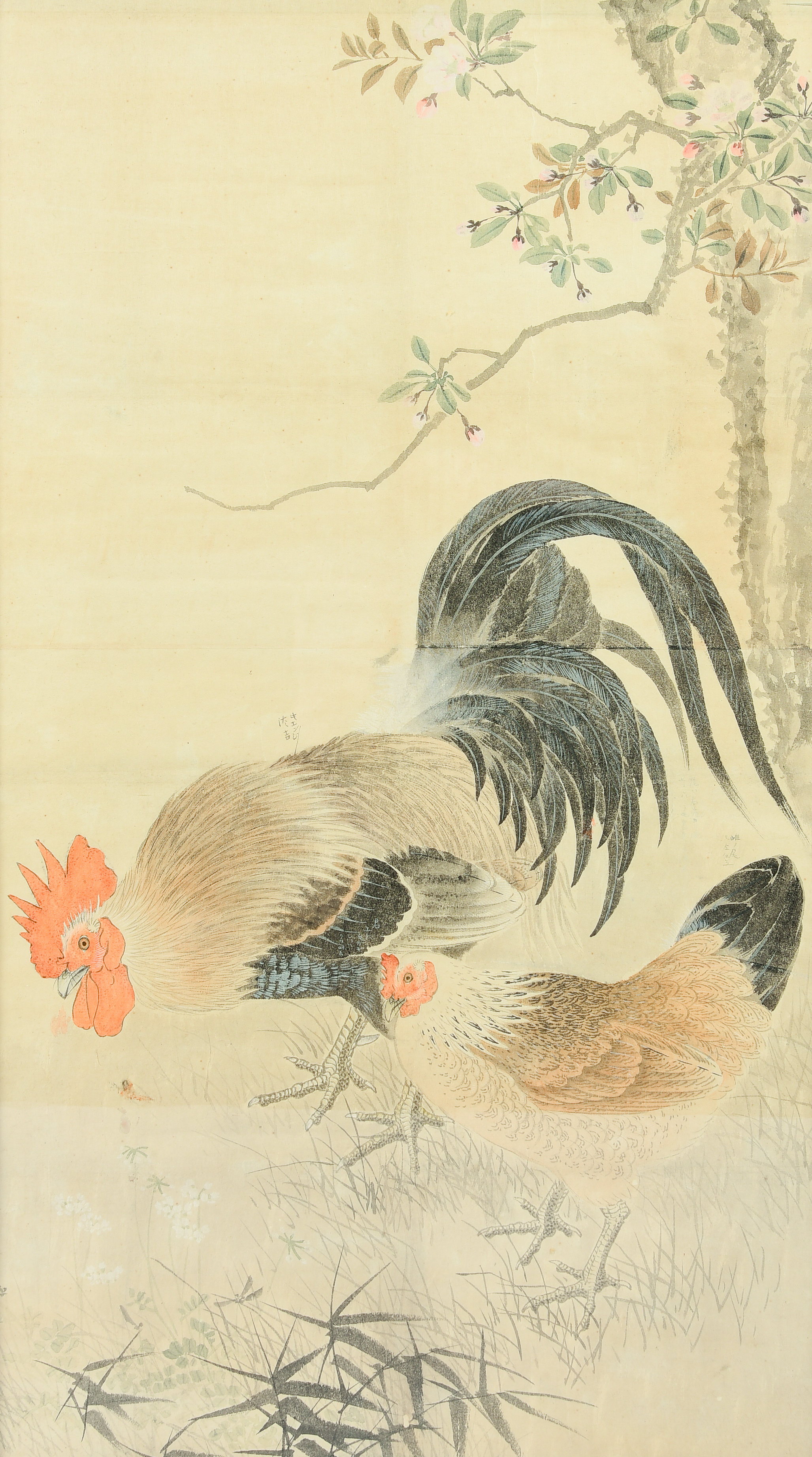 Chinese school: A rooster and a chicken, print and watercolour, 20th C.