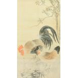 Chinese school: A rooster and a chicken, print and watercolour, 20th C.