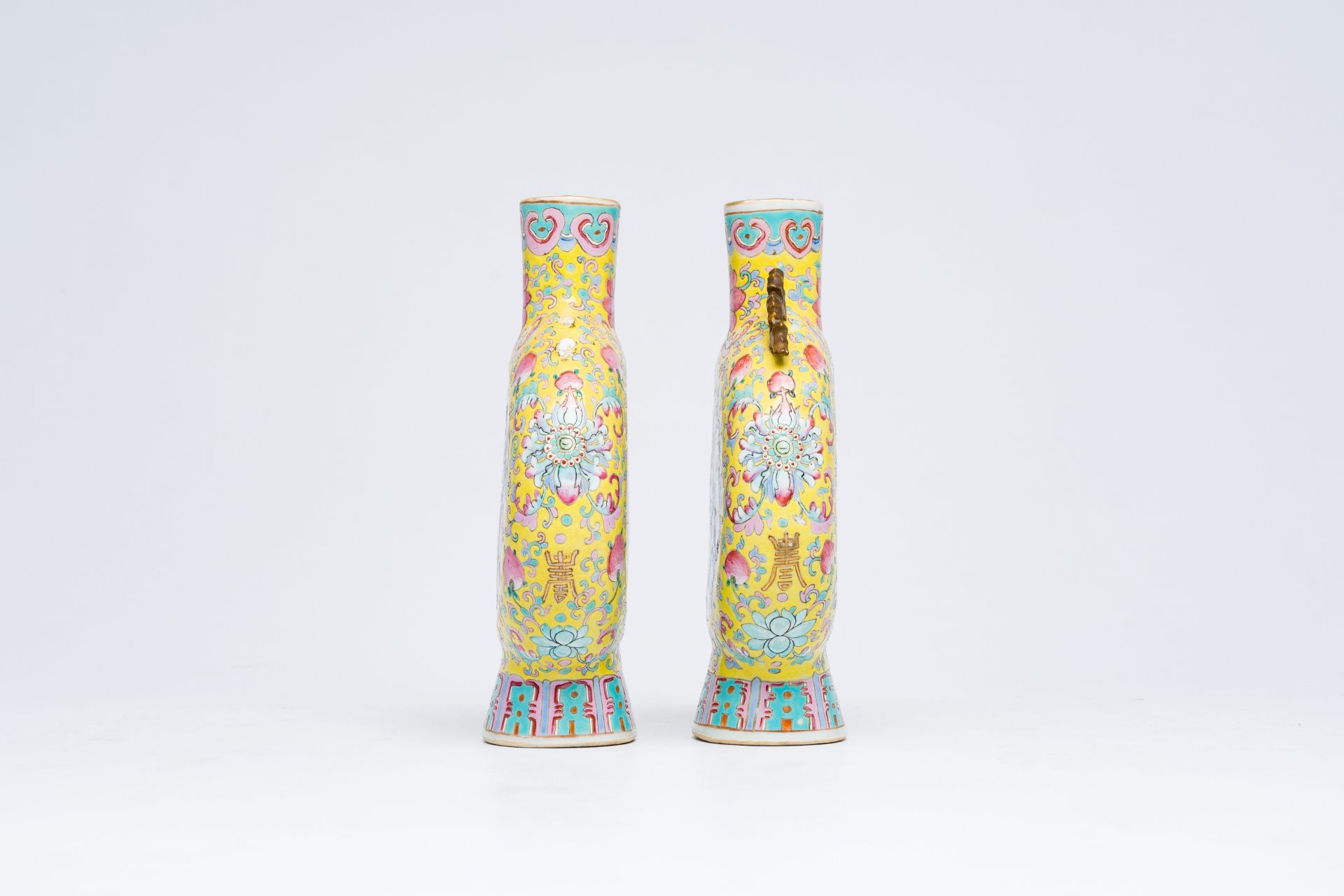 A pair of Chinese famille rose yellow ground moon flasks with warrior scenes and pheasants among blo - Bild 3 aus 8