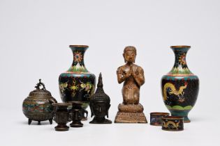 A varied collection of bronze and cloisonne items and two paintings on silk, China, Japan, Burma and