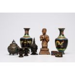 A varied collection of bronze and cloisonne items and two paintings on silk, China, Japan, Burma and