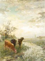 Henri Van Seben (1825-1913): Landscape with cattle by a stream in the foreground, oil on canvas