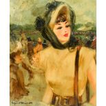 Illegibly signed: Elegant lady at a horse race, oil on canvas, 20th C.