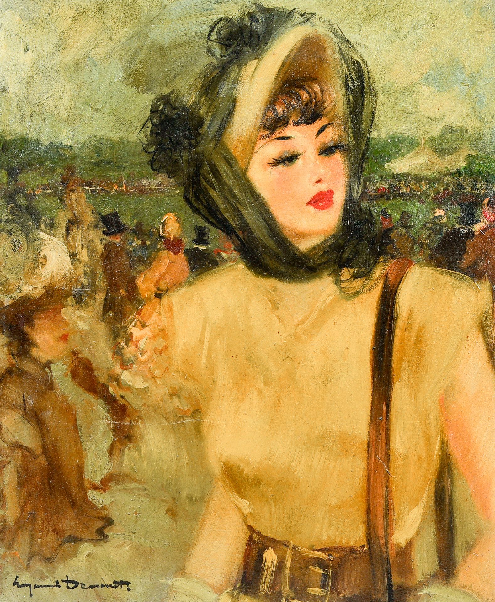 Illegibly signed: Elegant lady at a horse race, oil on canvas, 20th C.