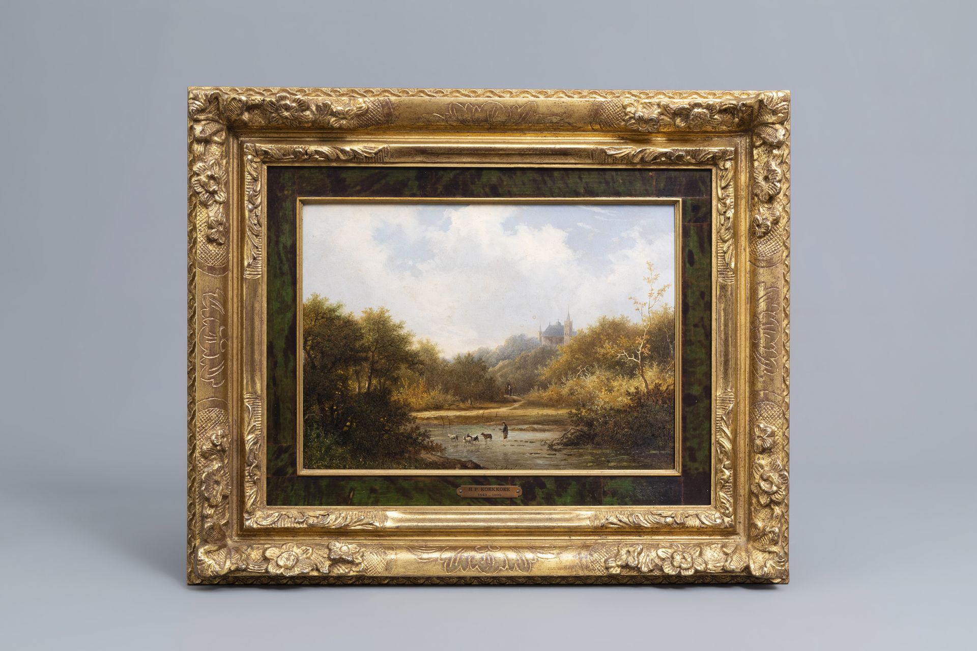 Hendrik Pieter Koekkoek (1843-1890/1910): A river landscape with a goat herd, oil on panel - Image 2 of 6