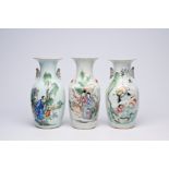 Three Chinese famille rose and qianjiang cai vases with Immortals and ladies, 19th/20th C.