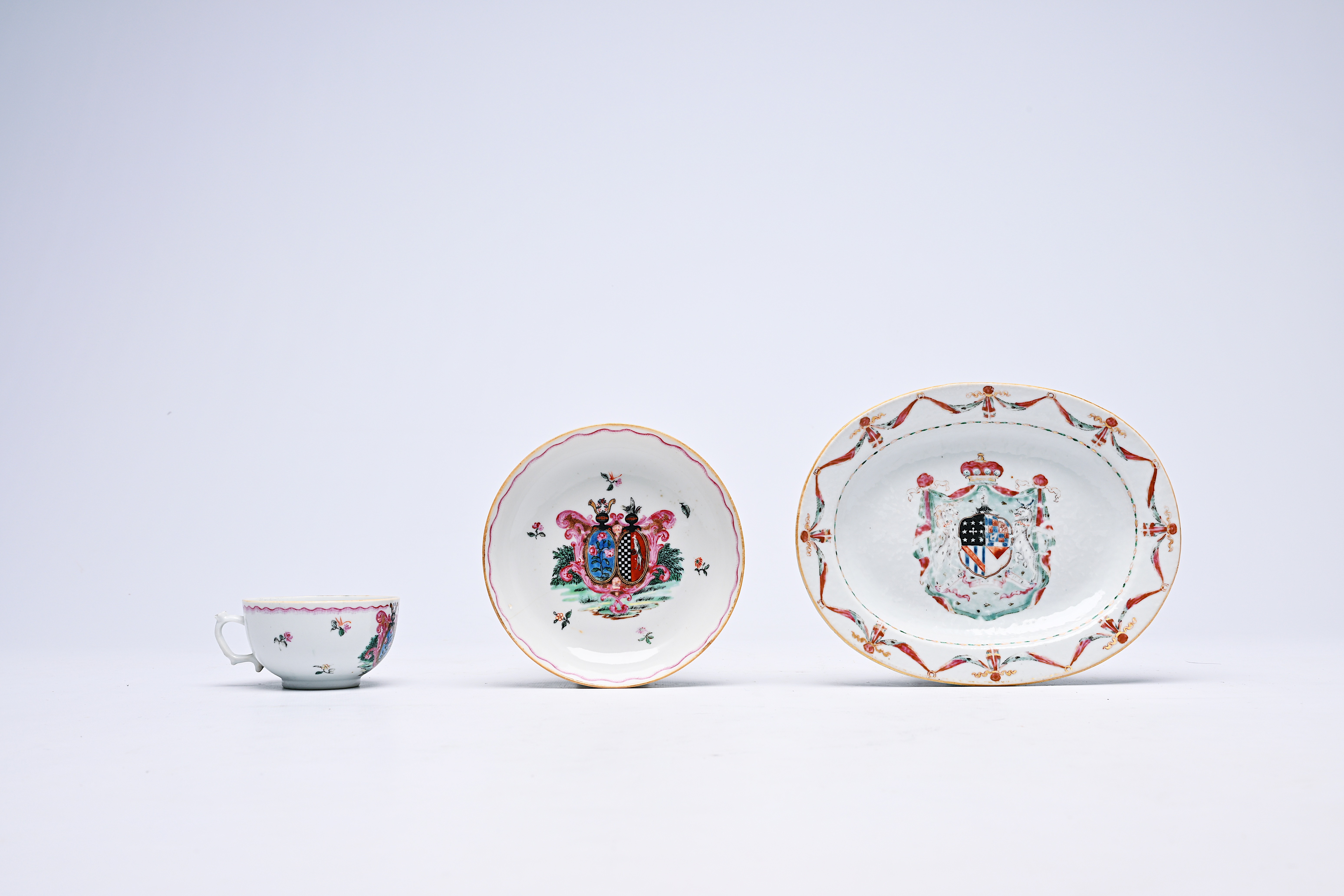 A Chinese famille rose armorial oval dish and a cup and saucer, Qianlong - Image 2 of 5