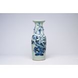 A Chinese blue and white celadon ground vase with birds among blossoming branches, 19th C.