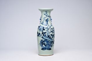 A Chinese blue and white celadon ground vase with birds among blossoming branches, 19th C.