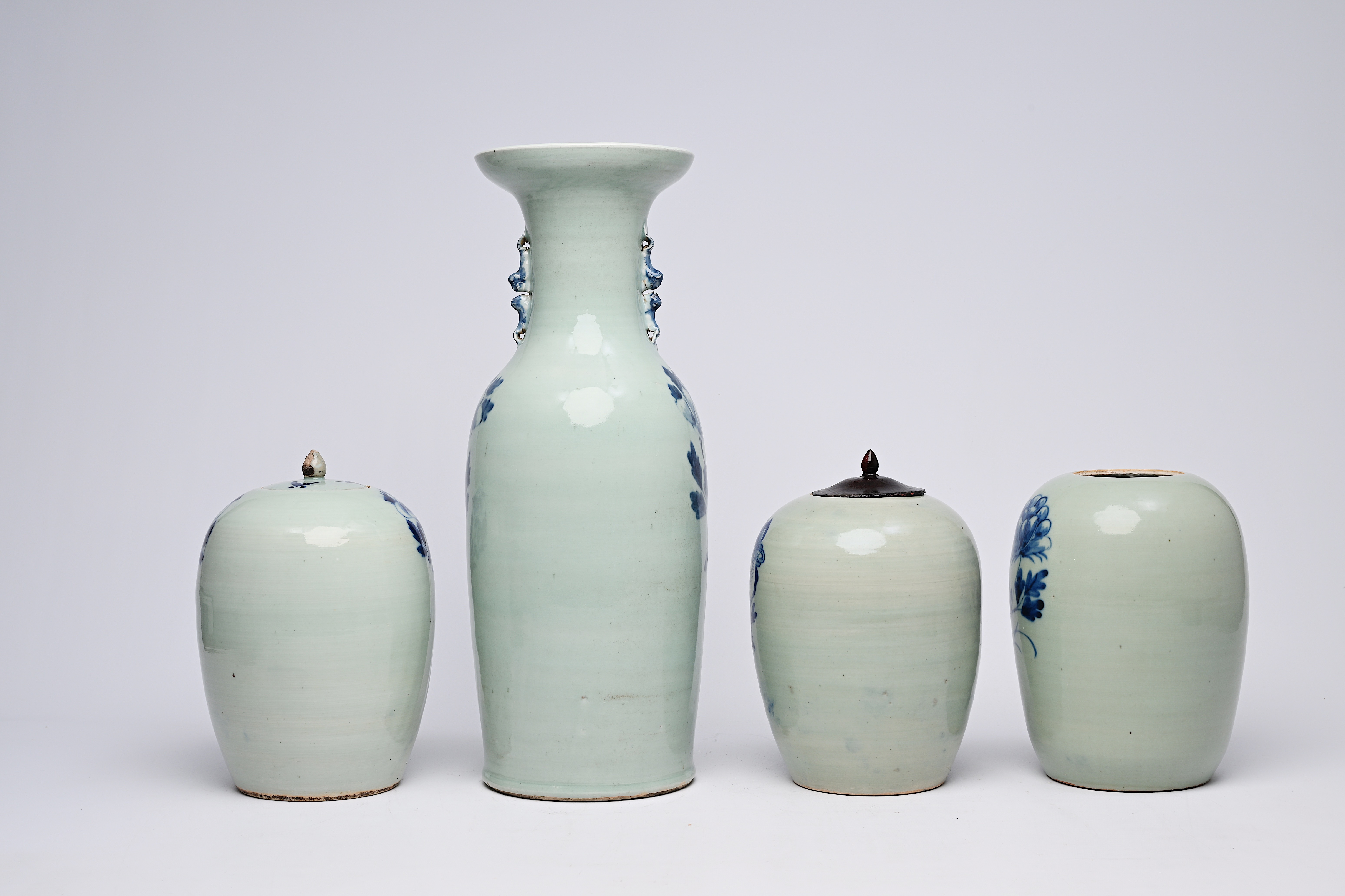 Three Chinese blue and white celadon ground ginger jars and a vase with phoenixes among blossoming b - Image 5 of 12