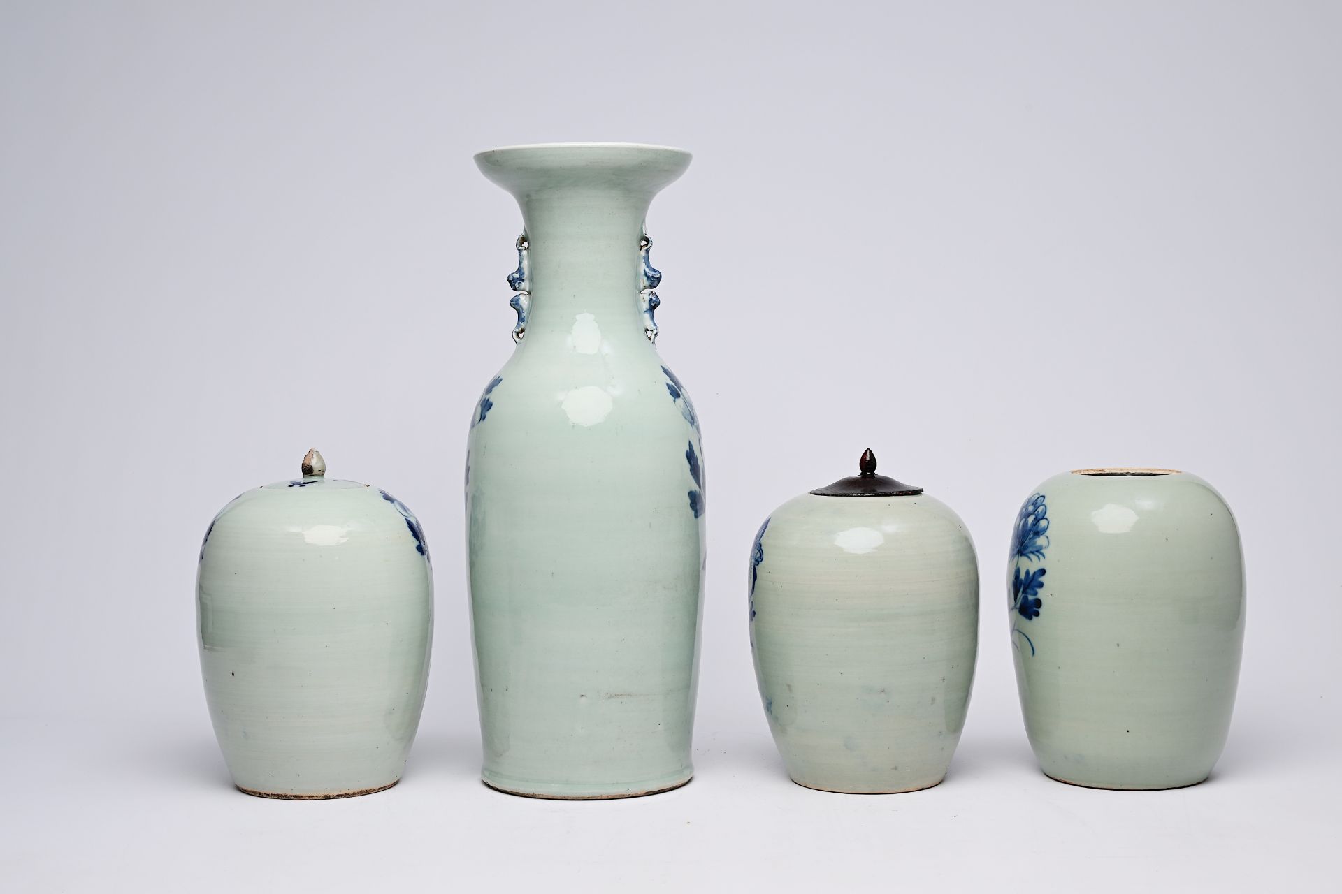 Three Chinese blue and white celadon ground ginger jars and a vase with phoenixes among blossoming b - Image 5 of 12
