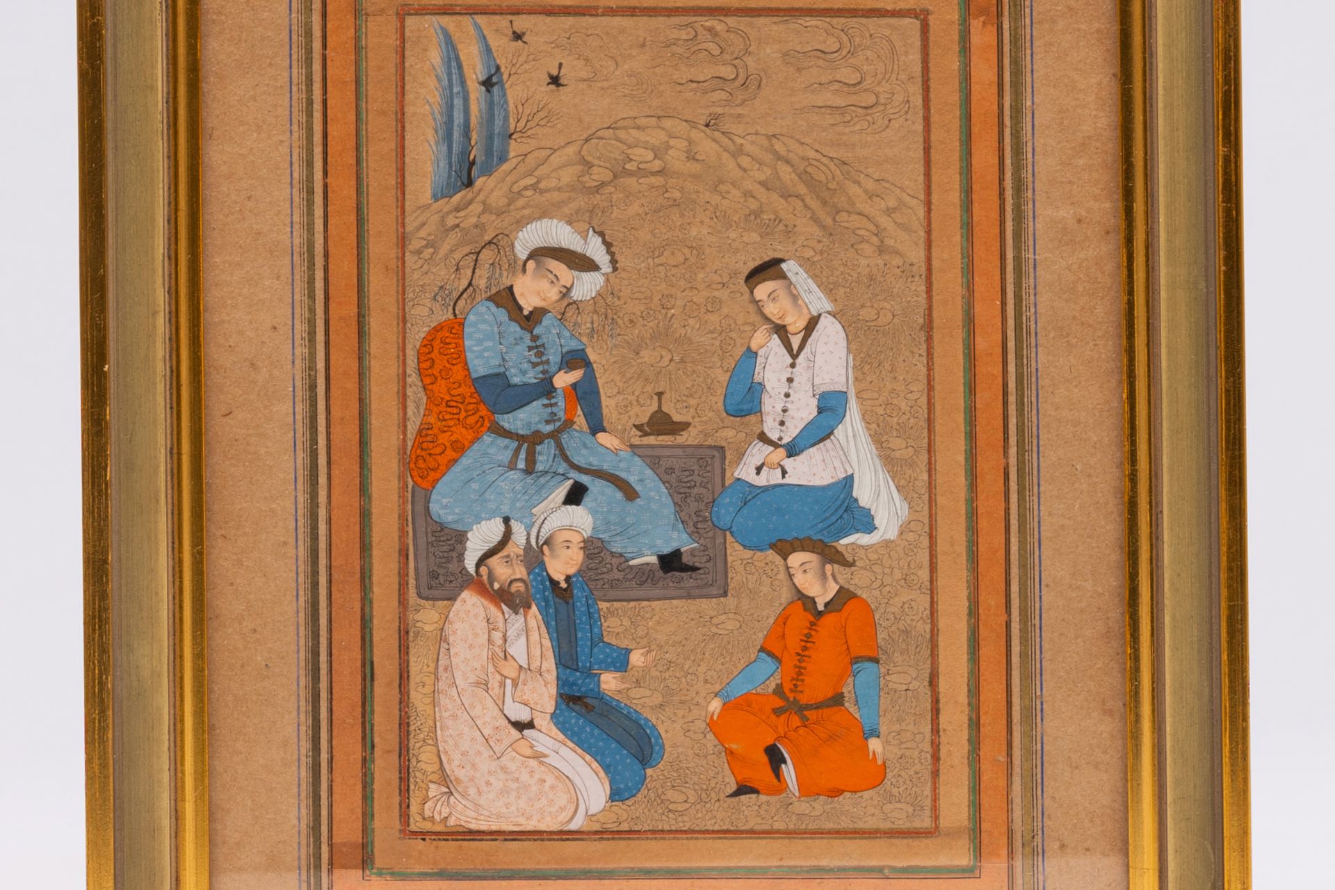Persian school, miniature: 'Drinking tea in a mountainous landscape', probably 18th C.