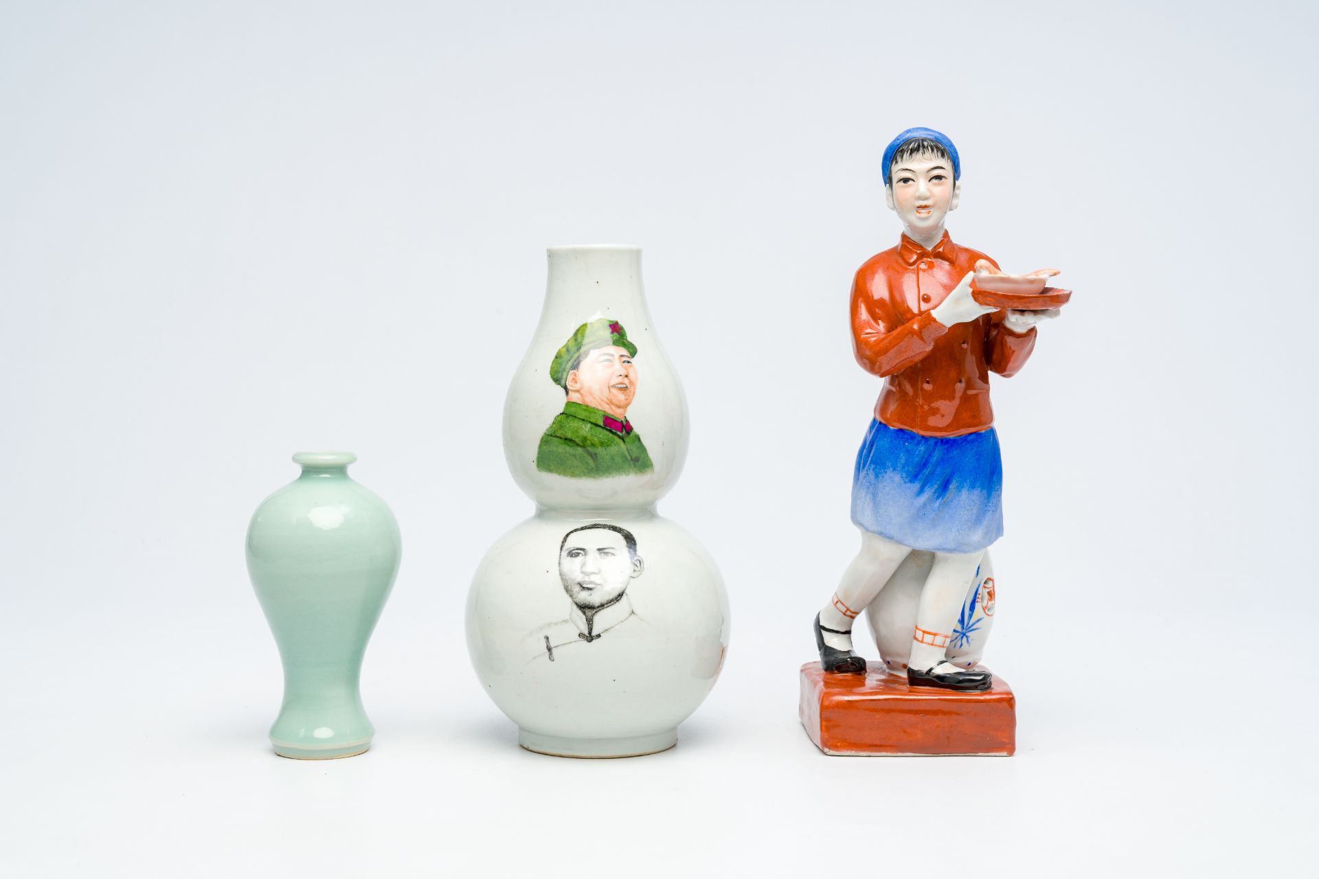 A Chinese monochrome celadon-glazed 'meiping' vase, a double gourd-shaped 'Mao' vase and a figure of - Image 4 of 16